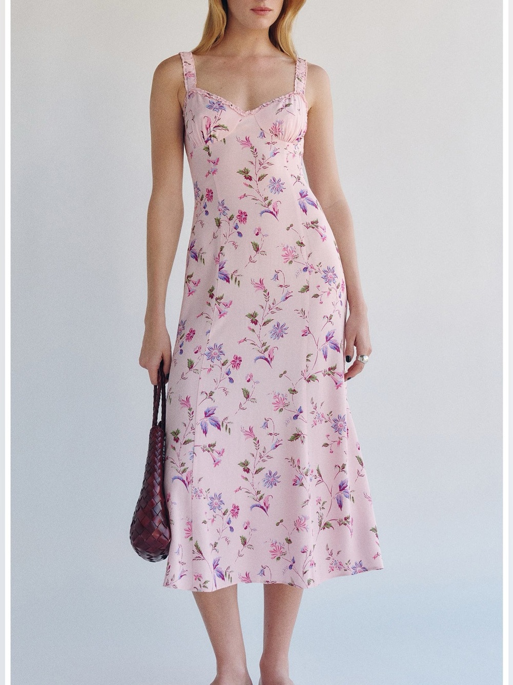 Reformation Tully Ditsy Floral Sweetheart Neck Midi Dress Pink Size 6 NWT